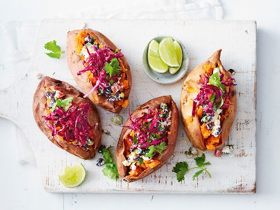 Baked Apricot and Sweet Potatoes with a Bean, Red Cabbage and Feta Topping